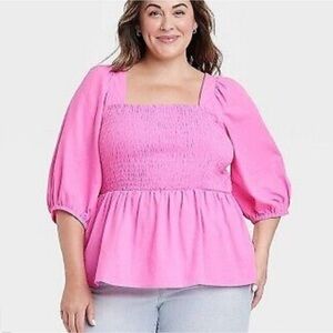 Ava & Viv Puff Elbow Sleeve Peplum Top Blouse Smocked Women Plus SZ 2X Pink